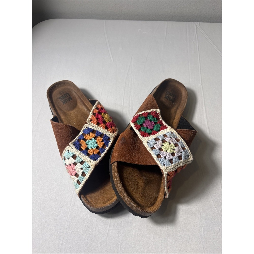Muk Luks Crochet Granny Square Slide Sandal Brown Multicolor Size 10 Shoes